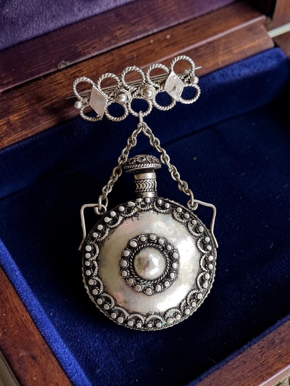 🔥 Antique Hanging 950 Silver Israel Perfume/Snuff Bottle Brooch